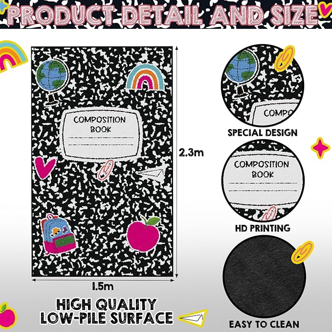 5 x 7.6 ft Large Classroom Rug Composition Book Elementary Educational Area Rug Kids Room Children Classroom Carpet Playroom Learning Colorful Square School Decor Seating Carpet 7 Seats