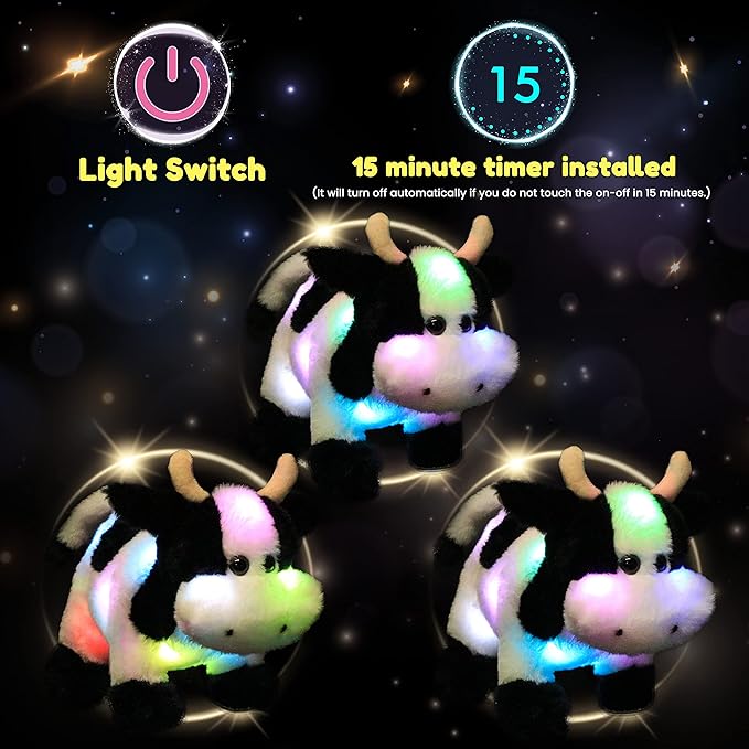 Hopearl LED Plush Cow Lighting Up Stuffed Animal Diary Cattle Floppy Night Lights Glow in The Dark Birthday Festival for Kids Toddler Girls, 12''