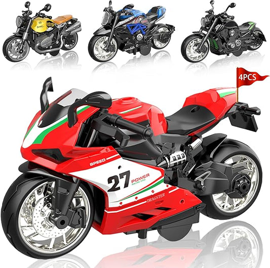 4-Pack Pull-Back Motorcycle Toys - Friction Powered Kids Toy Cars with Lights, Sounds & Automatic Drive for Boys & Girls Aged 3-12