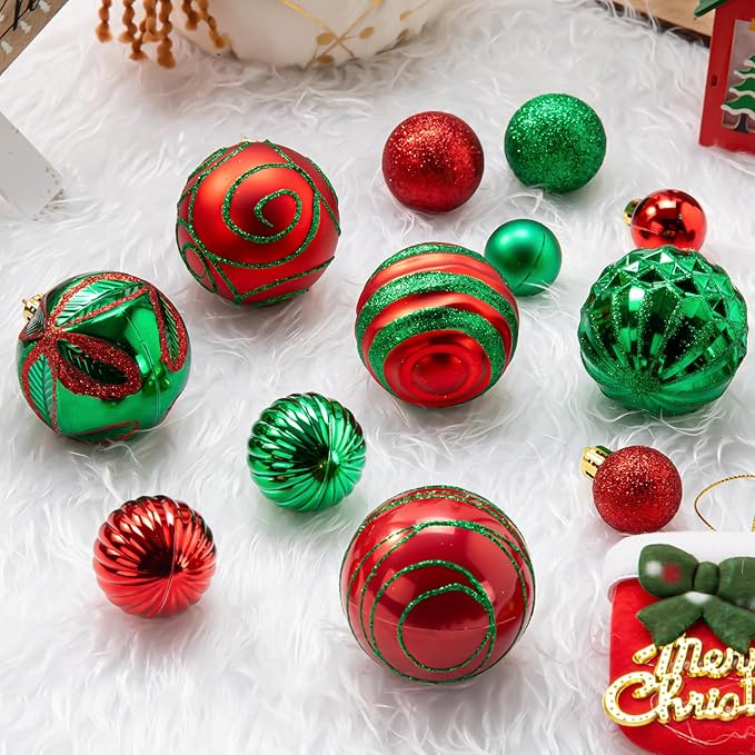 100Pcs Christmas Ball Ornaments Set, Shatterproof Plastic Red and Green Christmas Ornaments for Xmas Tree, Assorted Baubles Hanging Decorations for Holiday/Party/Wedding