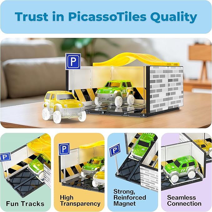PicassoTiles Magnetic Tiles Race Car Track Kit Parking Garage Expansion Pack with 2 Cars Magnet Tile Building Blocks Educational Toy Learning Kit Pretend Play Construction Set Kids Child Ages 3+ PTR07