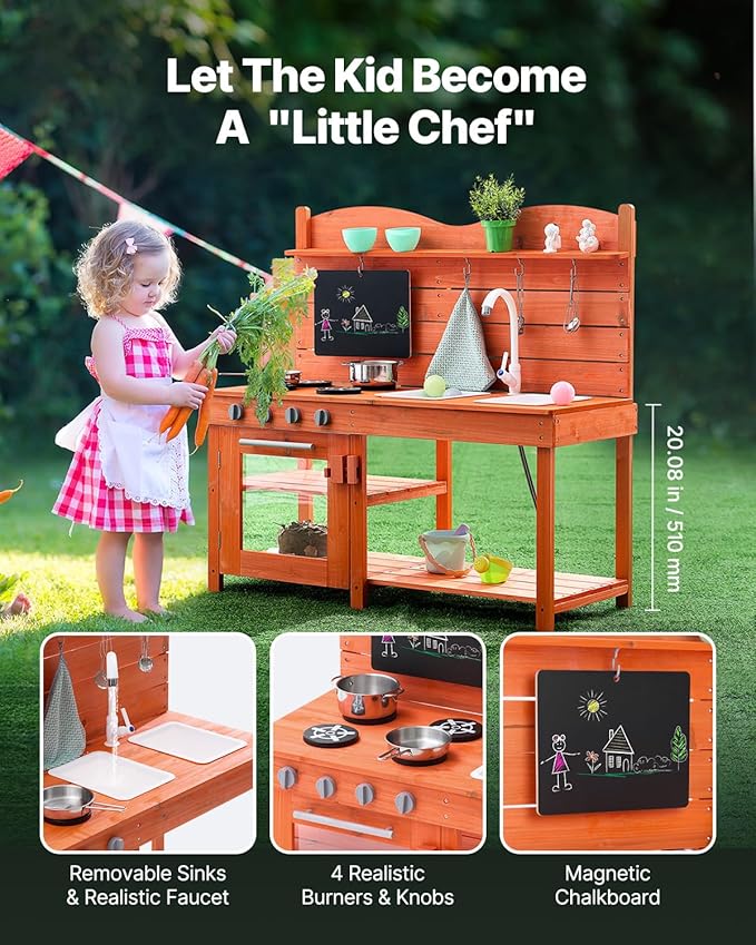 VEVOR Mud Kitchen for Kids, Wooden Toy Play Kitchen Set, Outdoor Toddler Grocery Store Playset for Boys & Girls, Pretend Play Kitchen with Stoves, Sink, Faucet, Blackboard, Cookware Pots, Accessories