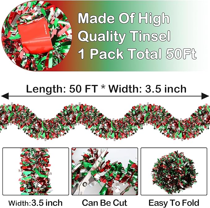 50 Feet Christmas Tinsel Twist Garland - Metallic Tree Hanging Decorations for Party Supplies (Red, Green and Silver)