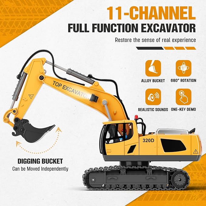 Remote Control Excavator Construction Toys for Boys, 2×1200mAh RC Construction Truck with Metal Shovel & Light, 11CH Excavator Toys for Boys 3-5 4-7 8-12 Year Old Kids Christmas Birthday Gift,120+Mins