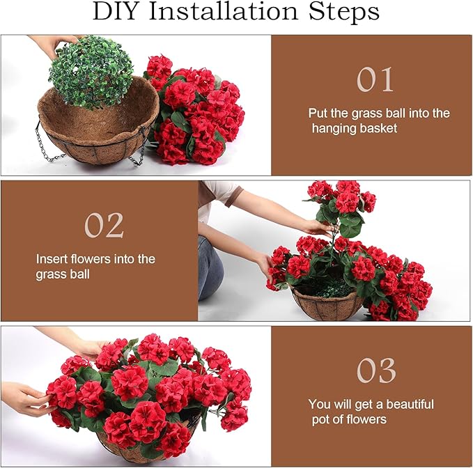 Hananona 2 Set Artificial Outdoor Geraniums Flowers with Hanging Basket, 2 Hanging Planters with 12 Pcs Red Geranium Flowers for Christmas Front Porch Garden Patio Home Decor (2, Red)