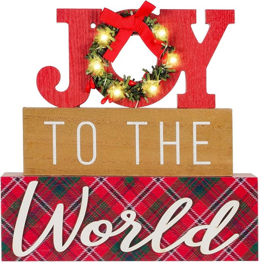 Christmas Decorations Indoor LED Lighted JOY Sign Wooden Merry Christmas Signs Farmhouse Wreath Block Rustic Holiday Decor Tabletop for Home, Tiered Tray, Shelf, Mantel
