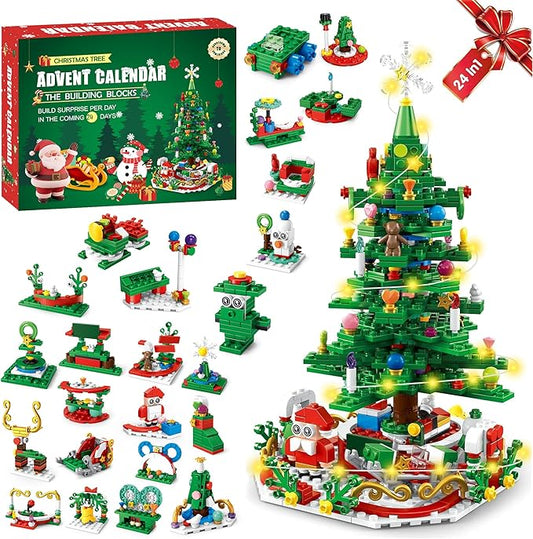 Advent Calendar 2025 Christmas Tree Building Blocks Set, 24 Days Christmas Countdown Building Block Kit, 24 IN 1 Christmas Building Blocks Toy Gift for Teens Girls Boys Adults Ages 6+