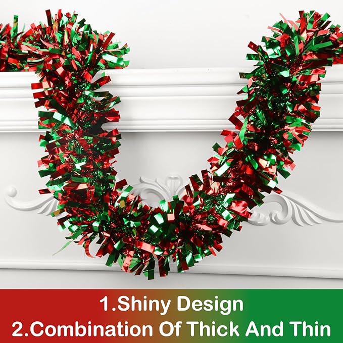 50FT Christmas Tinsel Garland - Metallic Tinsel Twist Garland for Christmas Tree Decorations,Holiday Home Indoor Outdoor Party Supplies (Green and Red)