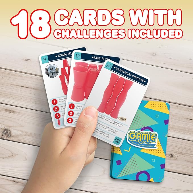 Gamie Stacking Cups Game with 18 Fun Challenges and Water Timer, 24 PCS Cup Stacking Set, Classic Family, Indoor Recess Game for Classroom, Fun Gift Idea for Boys and Girls Ages 3+ Olds