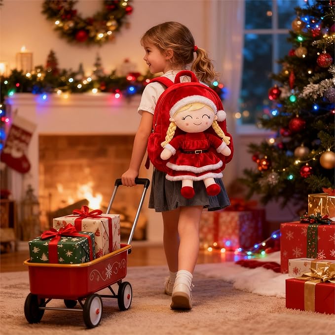 Gloveleya Plush Backpacks Toddler Backpack Removable Doll and Backpack Christmas Gifts Baby Girl Gift For 2 to 8 Years Girl Birthday Gifts With Red Doll