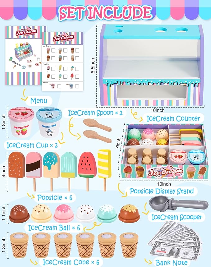 Toyssa Wooden Ice Cream Toys Play Set for Toddlers 3-5, Pretend Play Store Kids Kitchen Accessories with Scoop & Menu & Play Money, Christmas Birthday Gifts for Girls Boys 3 4 5 6 Year Old