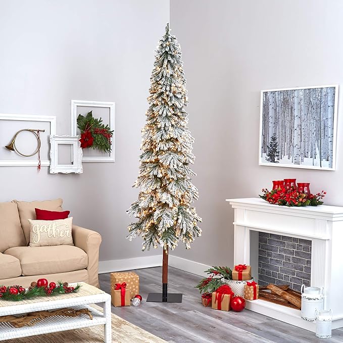 Nearly Natural 9ft. Flocked Grand Alpine Artificial Christmas Tree with 600 Clear Lights and 1183 Bendable Branches on Natural Trunk