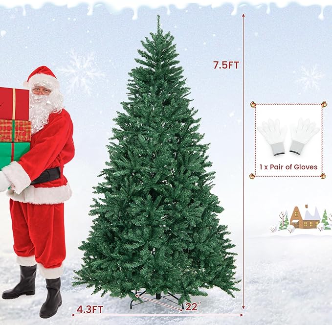 GOFLAME 7.5 FT Artificial Christmas Tree, Hinged Xmas Tree with 2254 PVC Branch Tips and Folding Metal Stand, Lifelike Christmas Decoration Tree for Home, Office, School, Easy Setup, Green