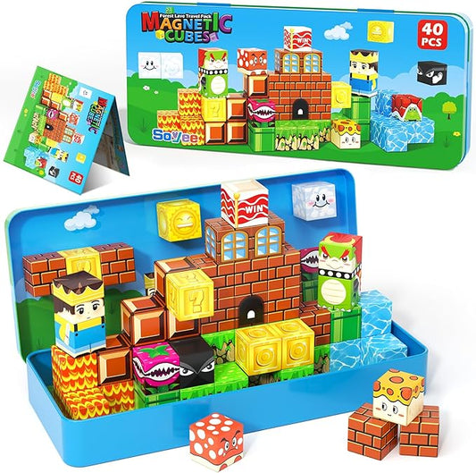 Soyee Magnetic Blocks Travel Toys with Portable Metal Tin - STEM Magnet Building Blocks Toddler Kids Toys for 3 4 5 6 7 8 Year Old Boys & Girls Xmas Birthday Gifts Stocking Stuffers Party Favor