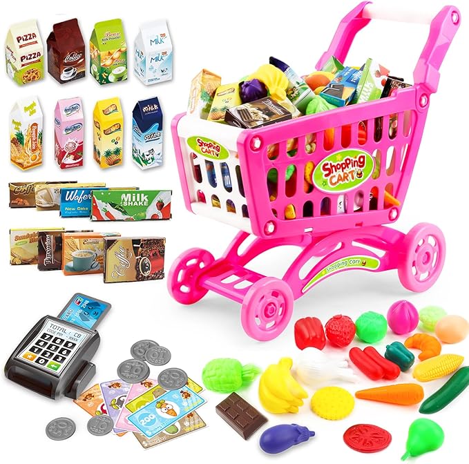 deAO Kids Shopping Cart with Food Shopping Trolley Basket for Toy Shop Kitchen 65 PCS Play Food Role Play Educational Toy (Pink)