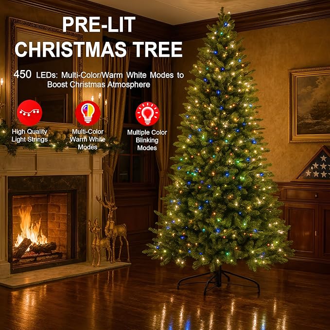 6.5ft Pre Lit Christmas Tree with 450 Multi-Color LED Lights – Artificial Tree with 1617 Realistic PE & PVC Tips, Hinged Branches, Foot Pedal and Metal Stand for Indoor Holiday Decor