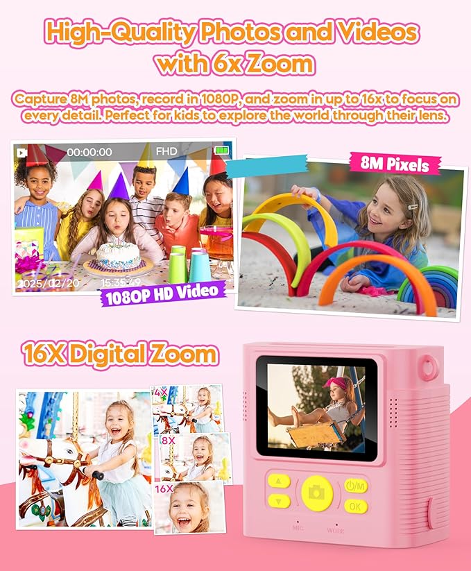 WONNIE Kids Camera Instant Print,1080P Selfie Digital Camera with 2.4" Screen & 32GB Card,Toddler Portable Toy for Ages 3-12,Christma-s Birthday Gifts for 3 4 5 6 7 8 9 Year Old Girls Pink