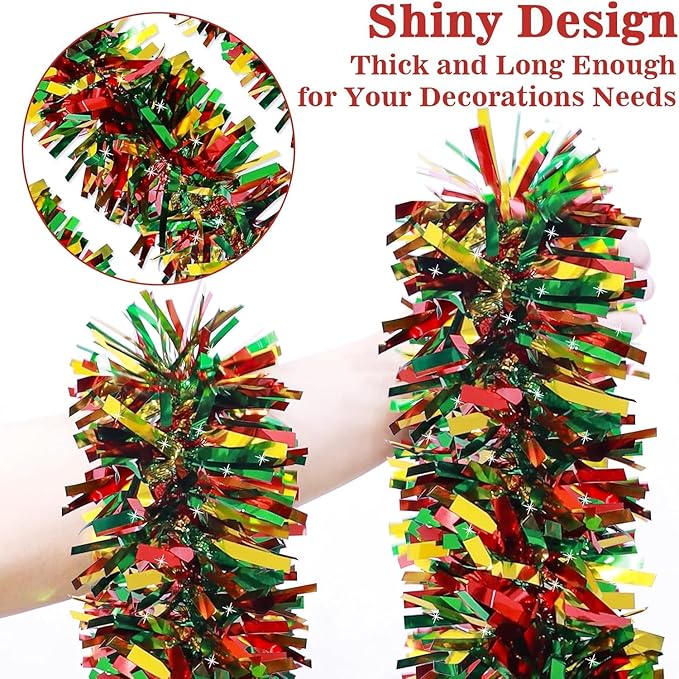 50ft Metallic Twist Tinsel Garland - Shiny Hanging Ornaments for Christmas Tree & Holiday Home Decoration - Red, Green, Gold