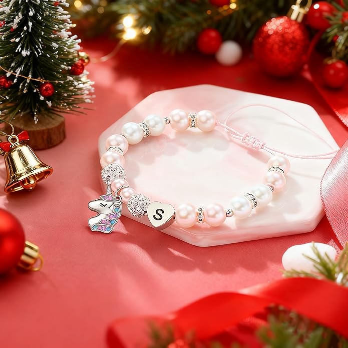 Hidepoo Christmas Gifts for Grandkids Girls - CZ Initial Unicorn Bracelet Adjustable Pink Pearl and Rhinestone Balls Heart Initial Unicorn Bracelets Jewelry Birthday Gifts for Girls Stocking Stuffers