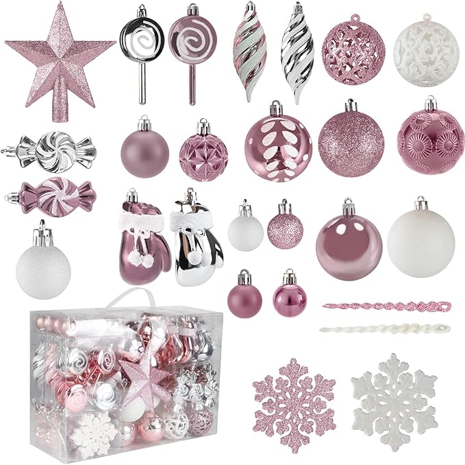 Shatterproof Christmas Ball Ornaments Set, 130 Pack Christmas Tree Decorations, Assorted Hanging Christmas Balls Bulk for Holiday Indoor Outdoor Xmas Party Decor (130 Pink)