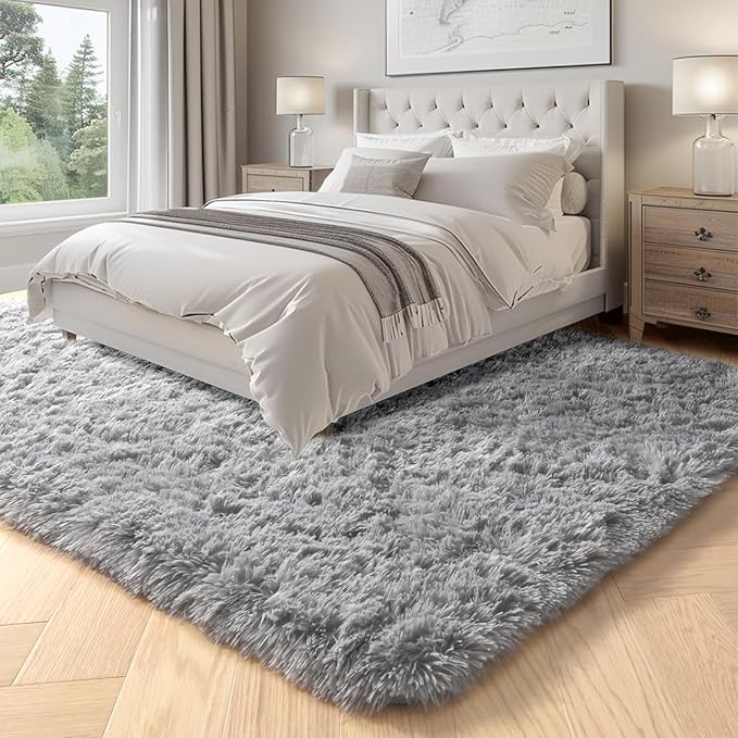 PAGISOFE Super Soft Shaggy Rugs Carpets, 5x7 Feet, Plush Washable Area Rugs for Living Room Bedroom, Furry Rugs for Nursery Playroom, Cute Room Decor for Baby, Shag Carpet for Dorm Decor, Light Grey
