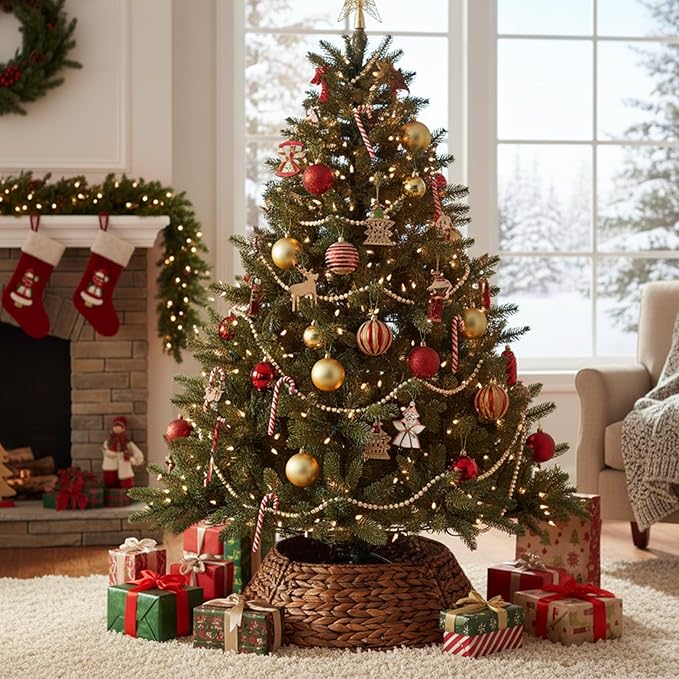 Christmas Tree Collar 24'' D Handmade Hyacinth Tree Collar Basket Rattan Wicker Christmas Woven Tree Ring Stand Base Cover for Christmas Holiday Decoration-Brown Washed