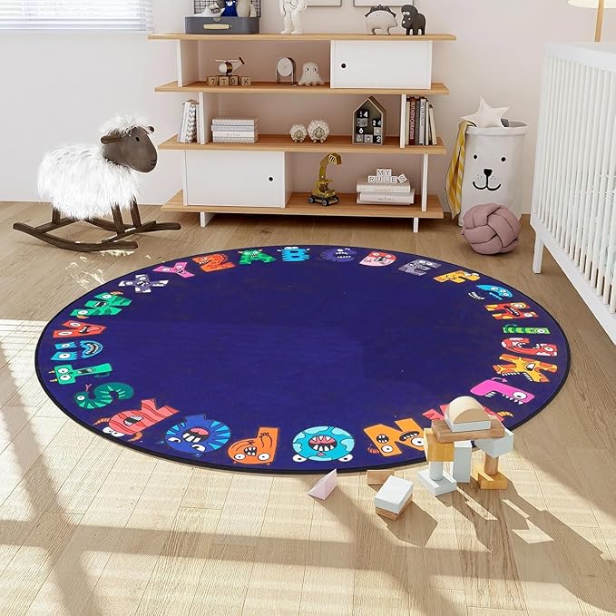 ABC Alphabet Rug for Kids, Classroom Playmat 6ft Non-Slip Circle Rugs for playroom, Round Area Rug for Elementary Classroom, Play Carpet for Boys Girls Bedrooms Playroom,Nursery RugsBlue