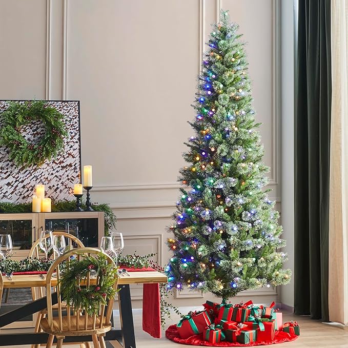 Glitzhome Prelit Christmas Tree, 9ft Artificial Christmas Tree Green Charming Cashmere Slim Pine with 450 Warm White and Multi-Color Globe LED Lights, 9 Function w/Foot Pedal and Remote Control