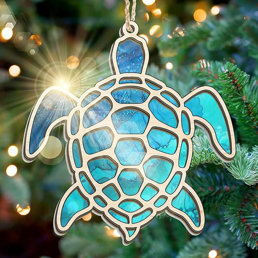 FLAGWIX Christmas Sea Turtle Beach Gifts for Women Men - 2D Flat (Not 3D) Turtle Decor Suncatcher Christmas Ornaments 2025 - Beach Gifts for Women Animal Lovers, Ocean Beach Ornaments Tree Decorations