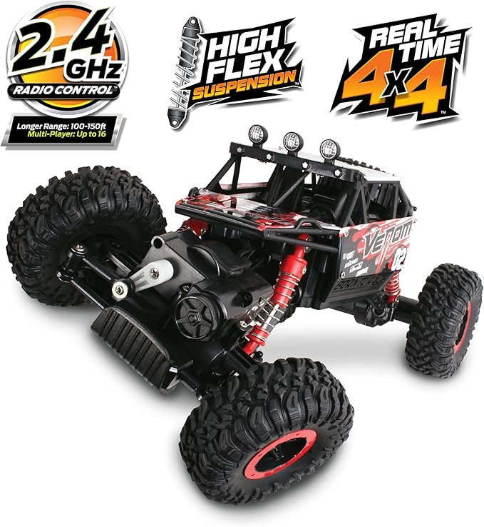 NKOK Mean Machines 1:16 2.4GHz RC Rock Crawler Venom (Red), Designed for Rough Terrain Climbing, Pistol Grip Full Function Controller, Powerful Motor