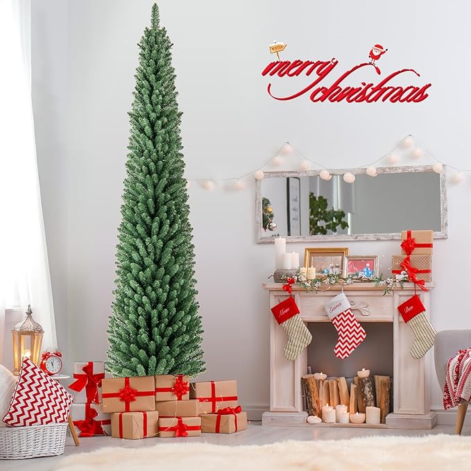 GOFLAME 8FT Prelit Pencil Christmas Tree, Slim Artificial Xmas Tree with 671 Memory Wire Branch Tips, 250 Warm White LED Lights & Upgraded Metal Stand, Seasonal Holiday Decoration Tree for Home Party