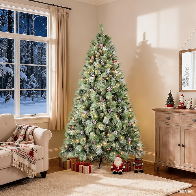 Pre-lit Christmas Tree 7ft, PLuxury Pine Needle -Premium Christmas Trees with Lights Flocked Prelit Trees-Artificial Xmas Tree
