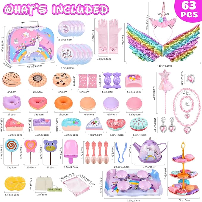 Tea Party Set for Little Girls: 63Pcs Pretend Play Toys, Unicorn Princess Dress Up Tea Time, Tin Tea Sets for Toddlers with Dessert, Carrying Case, Kids Kitchen Playset, Birthday Gift for Toddler Girl