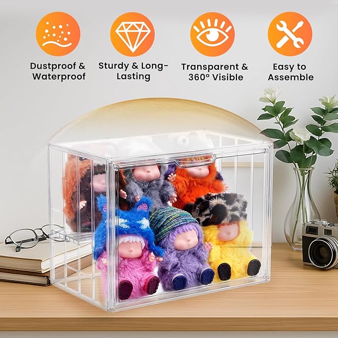 4 Tier Acrylic Display Case for Collectibles, Clear Adjustable Figure Display Case with Magnetic Door, Stackable Storage Box Showcase with 3 Shelves for Action Figures,Dolls,Toys, Large 1 Pack