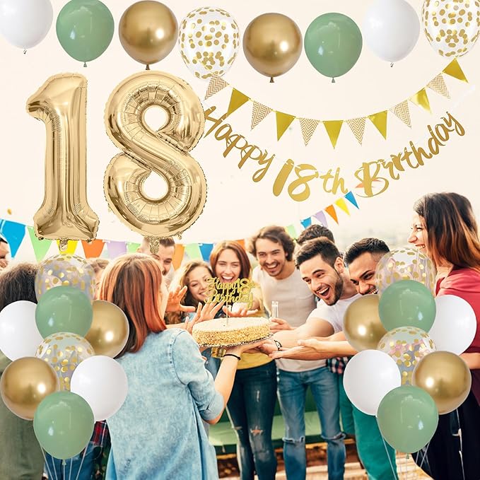 18th Birthday Decorations - Happy 18th Banner, Cake Topper, Foil Balloons in Sage Green, White, Gold for 18 Year Old Party