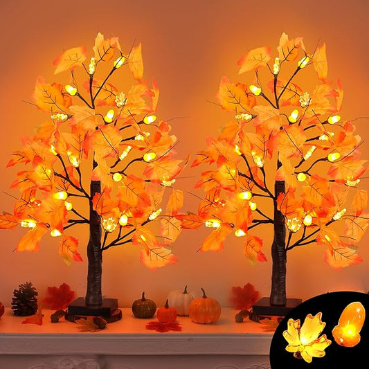 2 Pack 24 Inch Artificial Lighted Maple Tree with 48 LEDs Timer Fall Thanksgiving Decorations Battery Operated Prelit Acorn Maple Tree Lights for Thanksgiving Table Decor Home Indoor Autumn Harvest