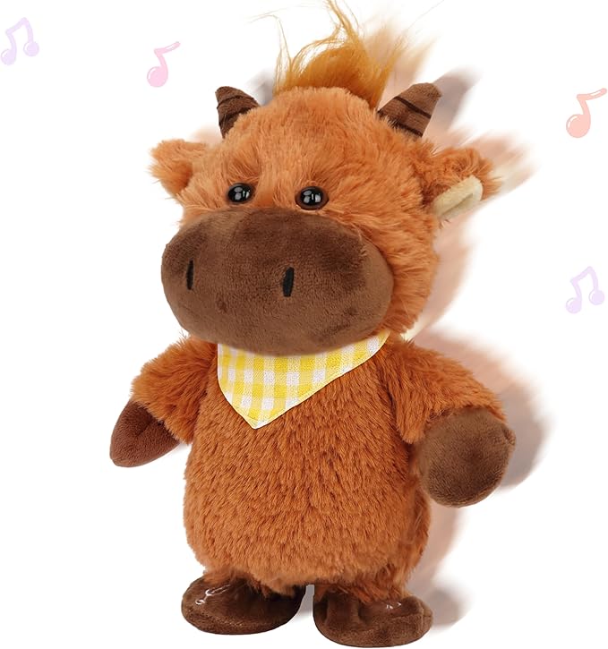 Hopearl Talking Highland Cow with Yellow Bib Repeats What You Say Walking Electric Interactive Animated Toy Speaking Plush Buddy Gifts for Toddlers, Brown, 9''