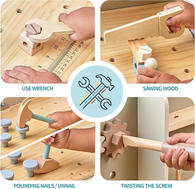 Kids Tool Bench,Wooden Play Tools Set with Kids Tool Belt Toddlers Workbench Pretend Construction Tools Set Wooden Toy Drill Gift for Boys & Girls Age 3-5