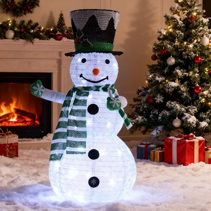Snowman 3D Christmas Collapsible Decorations，Lighted Outdoor Xmas Large Snowman Garden Décor，Pre-Lit for Indoor/Outside Yard Holiday Decoration (Green)
