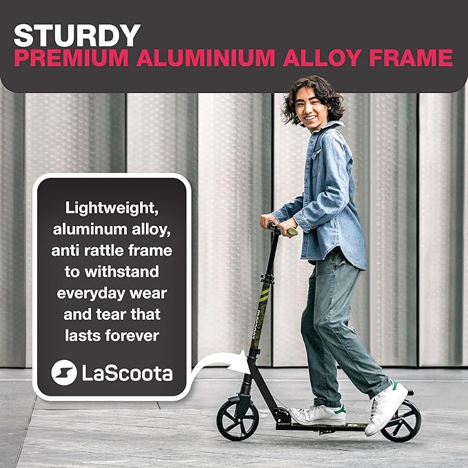 LaScoota Kick Scooter for Kids Ages 6+, Teens & Adults, Large 8" Sturdy Urethane Wheels. Adjustable Handlebar, Lightweight, Foldable, 220lbs Max Load