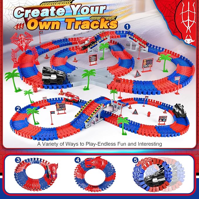 Spider Toys for Boys 4-6, with 2pcs Spider Cars and 1pcs Stand-Spider for Kids Toddler, 212 Pcs Race Track, 3 4 5 6 7 8 Year Old Boys Girls Birthday Party Favor Gift