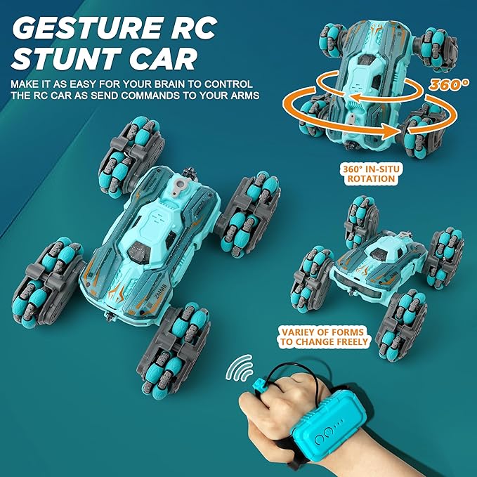 8 Wheel RC Stunt Car with Gesture Control, Spray & LED Lights, Double-Sided Off-Road Vehicle for Boys & Girls Ages 6-14, Ideal Christmas & Birthday Gift