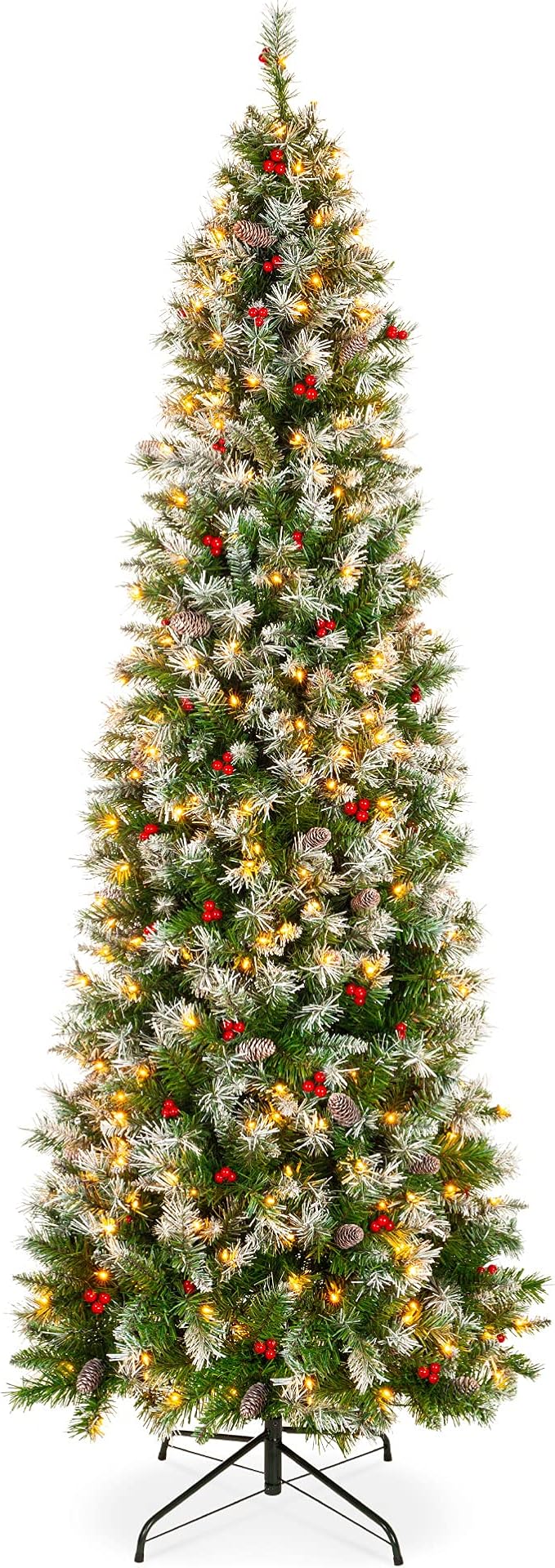 Best Choice Products 9ft Pre-Lit Pencil Christmas Tree, Partially Flocked Pre-Decorated for Home, Skinny Frosted Holiday Tree w/ 1,298 Tips, 460 Lights, Pine Cones, Metal Hinges & Base