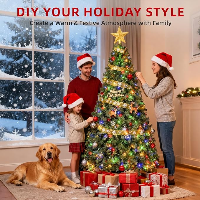 6ft Prelit Christmas Tree, Artificial Xmax Tree with 250 Lights and 1000 Branch Tips, Prelighted Xmas Tree for Home Party Holiday Decoration