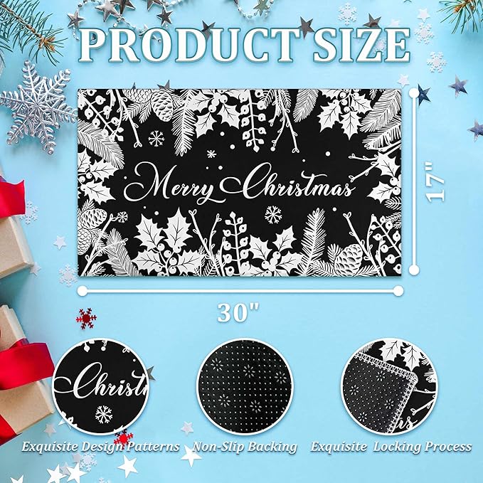 Black Christmas Doormat Outdoor Entrance Non-Slip Holly Pine Branches Pinecones Front Door Mat Merry Xmas Decor Washable Winter Welcome Doormat 17"x30" Christmas Decorations for Home Indoor Outdoor