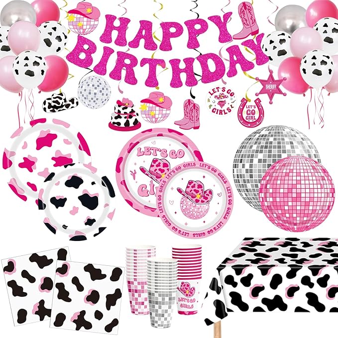 158 PCS Cowgirl Birthday Party Decorations Disco Cowgirl Party Supplies - Includes Plates, Napkins, Cups, Banner, Hanging Swirl, Tablecloth, Balloon for Western Cowgirl Party Decorations, Serve 30