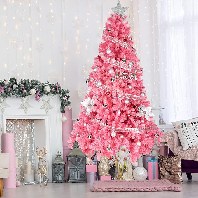Bonnlo Upgraded Full 6ft Artificial Pink Christmas Tree Holiday Decoration w/ 1,600 Branch Tips, Sturdy Metal Stand
