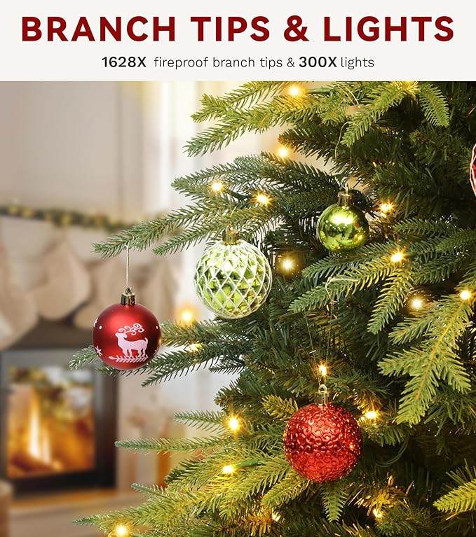 DWVO 6ft Prelit Christmas Tree with Lights, Full Downswept Artificial Fir Twinkle Christmas Tree with 1628 Metal Hinged Flame Resistant PE & PVC Branches and 300 Lights 11 Modes Remote Controlled