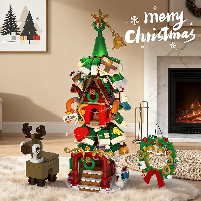 Advent Calendar 2025 Christmas Tree House Building Set with Wreath and Reindeer,ChristmasTree Building Blocks Kit with LED Light,24 Days Christmas Countdown Toys Building Set for Teen Boys Girls Gifts