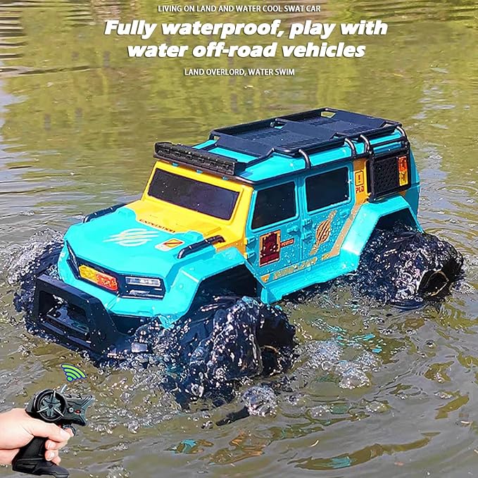 Amphibious Remote Control Car Waterproof Monster RC Cars 4WD All Terrain Off-Road Stunt Vehicle Toys with 2.4 GHz LED Lights for 6 7 8 9 10 11 12+ Year Old Kids Boys Girls Gifts Presents (Blue)